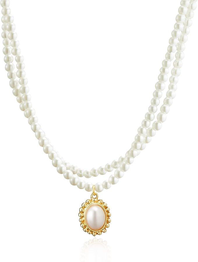 idokawa 女士双层珍珠项链,椭圆形吊坠项链,可调节延长时尚珠宝礼品