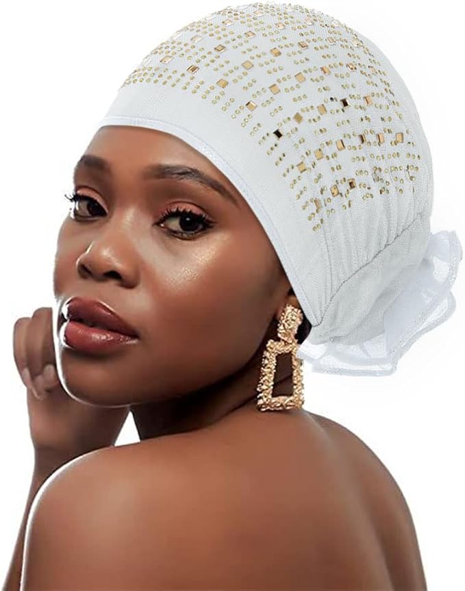 woeoe 女式非洲头巾银色水钻头巾弹力花朵头巾透气无檐*帽头饰