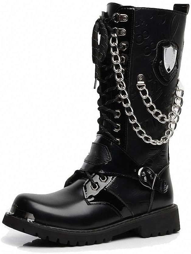 tebapi 男式背包背包靴 军靴 男式高军战靴 男靴 中筒金属链 男摩托车