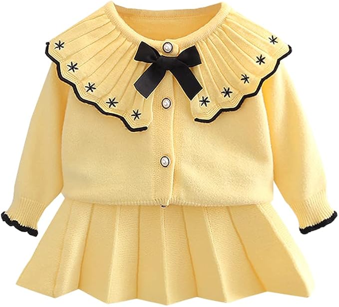 obeeii 2 件幼童小女孩长袖针织毛衣上衣开衫 迷你裙秋冬服装套装