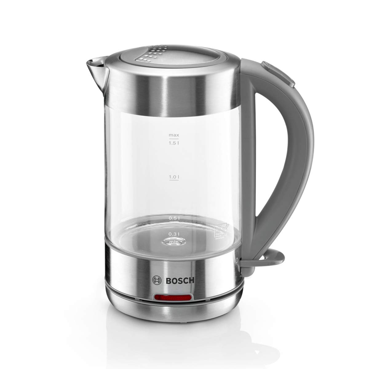 Bosch Radio hot water kettle TWK7090B, boiling stop function, overheat protection, easy to operate, heat-resistant glass, 1.5L, 2200W, stainless steel
