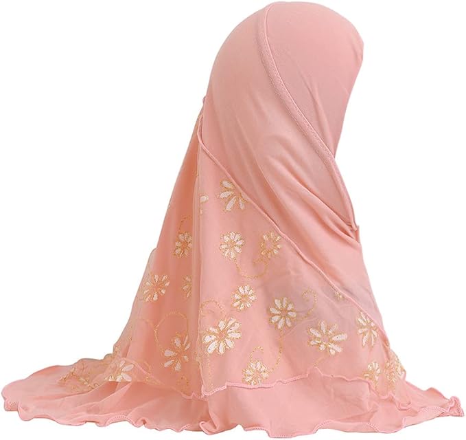 穆斯林头巾女孩蕾丝花朵伊斯兰阿拉伯头巾围巾披肩一体式防紫外线头巾