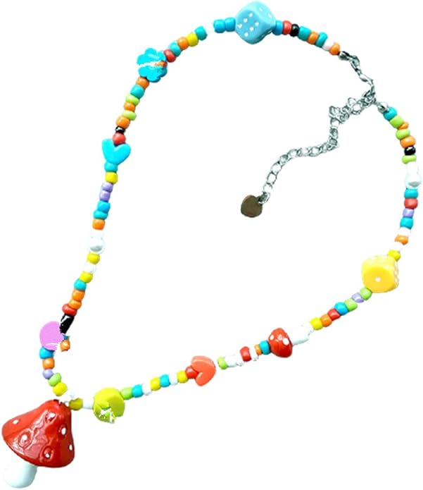 nc 彩色串珠蘑菇形吊坠项链种子串珠项链蘑菇串珠项链独立珠宝甜美