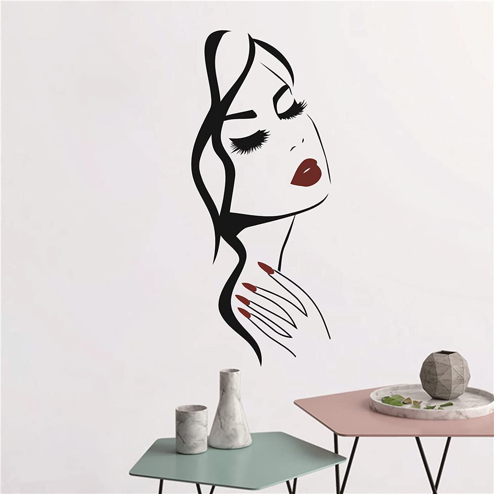 Wall Decals * Salon Nail Salon Wall Art Stickers Beautiful Girl Face Lips Home Decor Stickers Barbershop Hair Decor Mural M-7(Black + dark red lips,40X90CM)