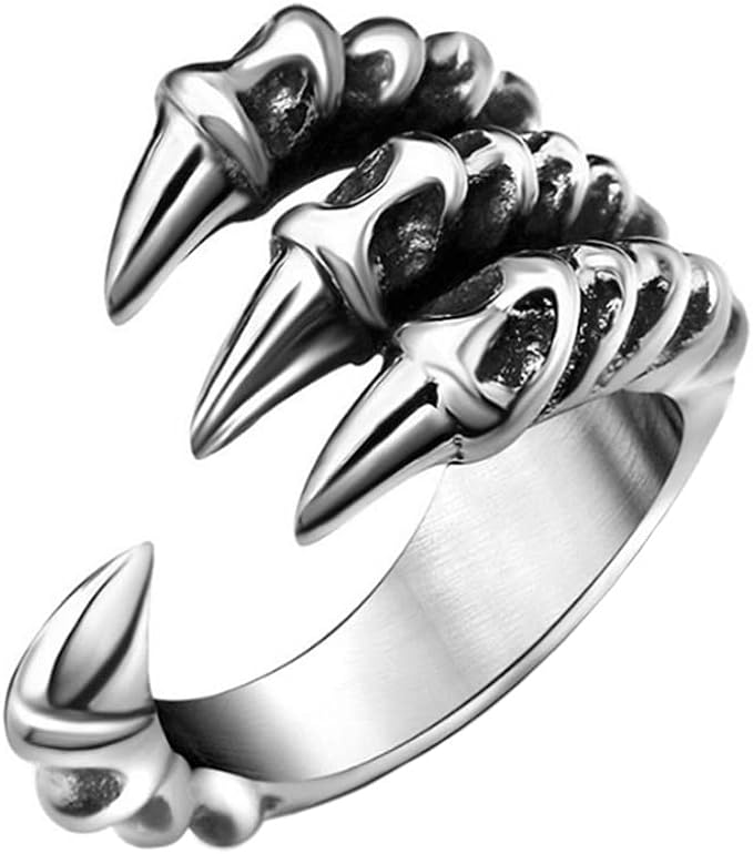 oakky 男士复古哥特式龙爪戒指不锈钢朋克配饰银色