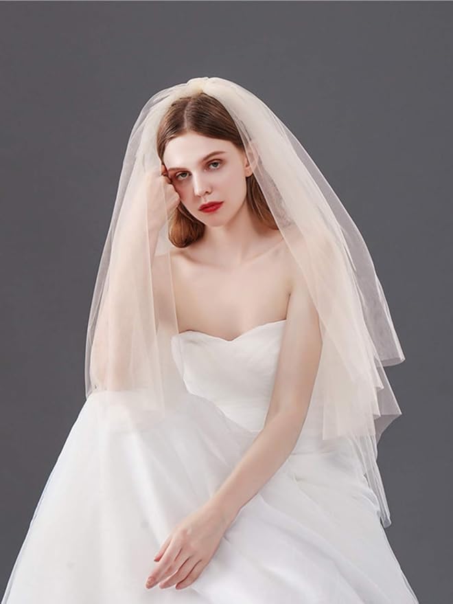 clairy bride 婚礼面纱 2 层新娘面纱 新娘薄纱头饰 短款发饰头纱 带