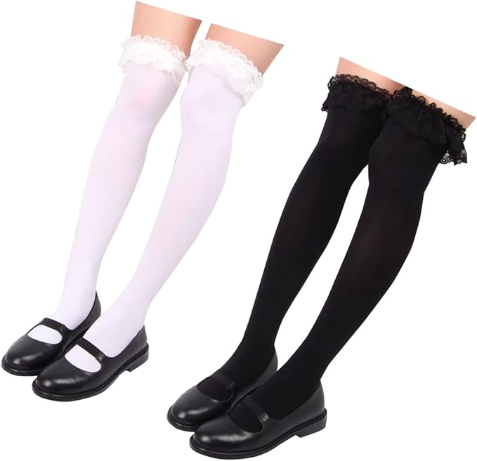 lolita 蕾丝大腿高筒袜女孩女式褶皱网眼哥特式及膝长袜