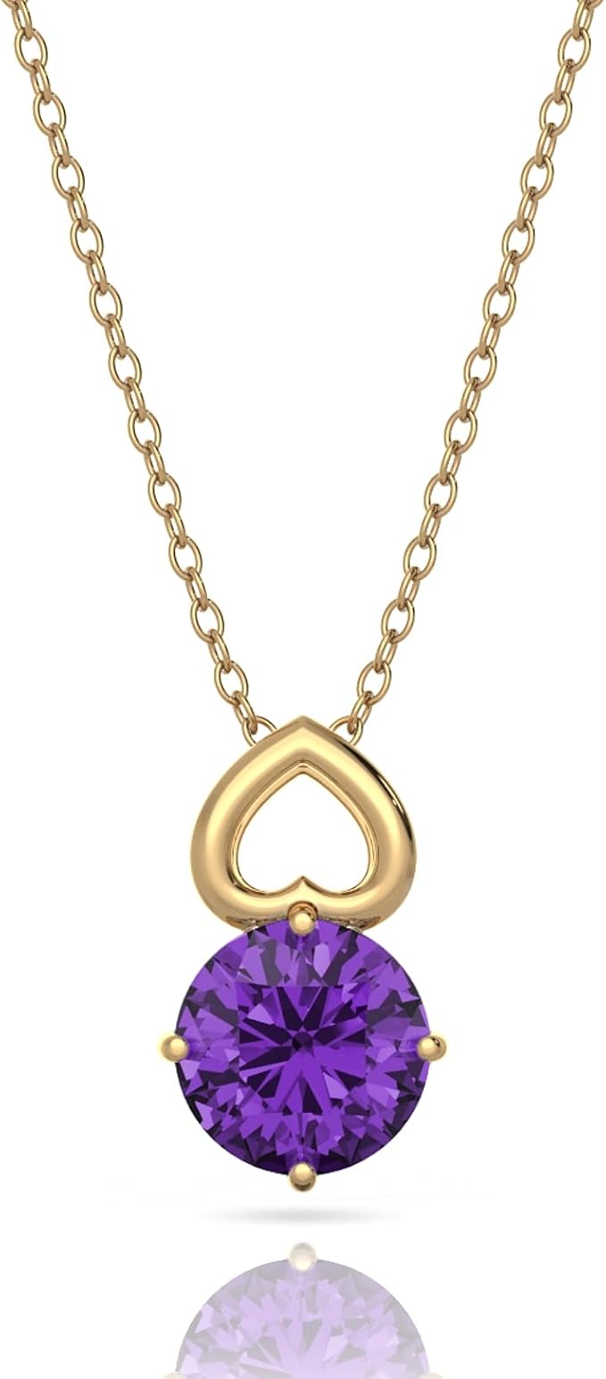 925 纯银精致心形天然宝石或人造诞生石吊坠项链金色镀铑,女士精美
