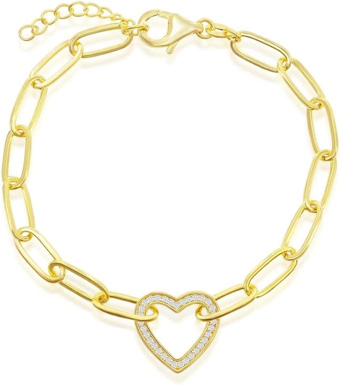 beaux bijoux 回形针链设计,中心闪亮心形手链纯银首饰,适合女士或