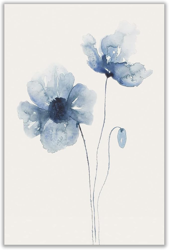 水彩帆布图片极简主义印花花卉墙艺术现代蓝色花卉图片绘画花卉墙艺术