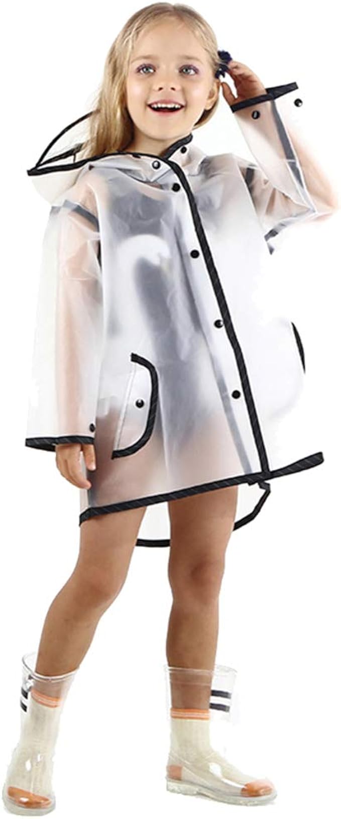 pertty 儿童雨衣耐用半透明雨衣便携式连帽雨披风雨衣,适合幼儿,男孩