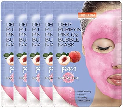 Purederm 深层净化粉色o2 泡泡面膜0 盎司x 5ea 韩国 泡面膜 洁面泡沫 洁面乳 净面膜 桃 滋养 皮脂控制 面部有毒 亚马逊中国 美容化妆