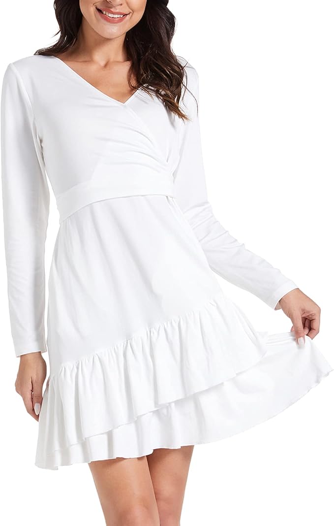 女式秋季休闲裹身 v 领长袖花卉束腰迷你连衣裙带腰带