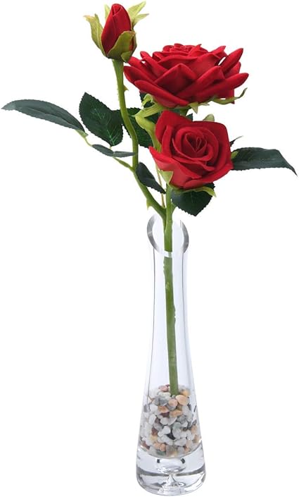 人造花玫瑰花束玻璃花瓶假花带花瓶适用于家庭 厨房 桌子 办公室 房间 派对装饰 红玫瑰 价格报价图片