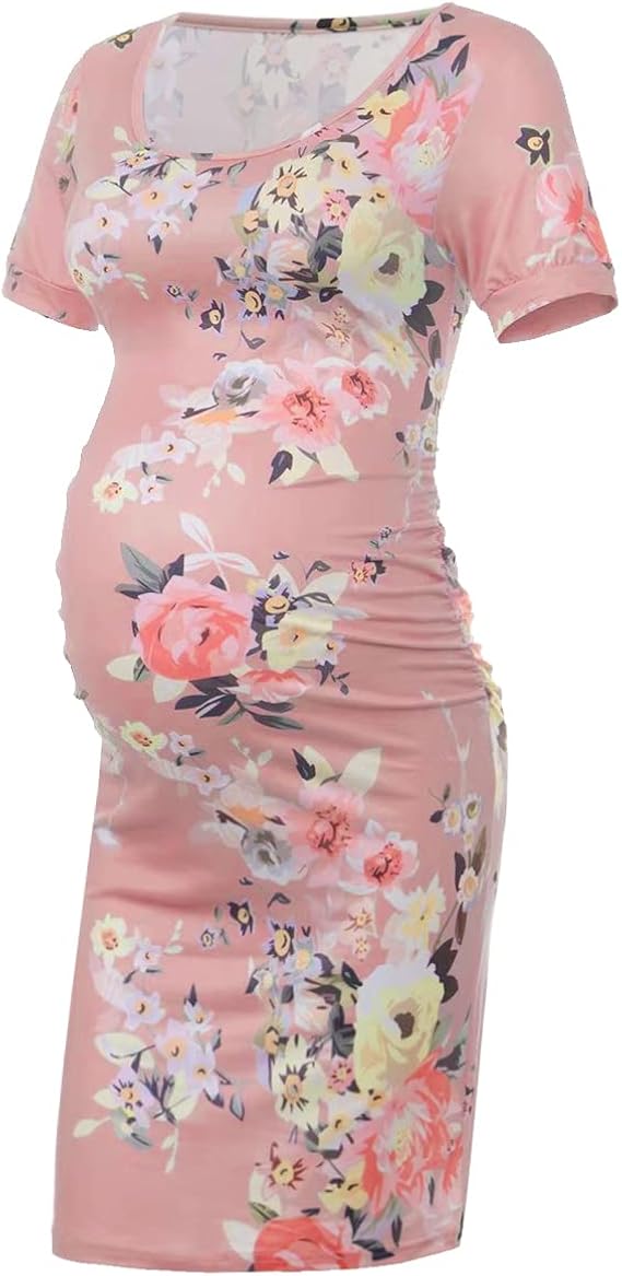 aonesx 花卉和纯色孕妇礼服,褶饰侧紧身孕妇连衣裙,适合休闲穿着/迎婴