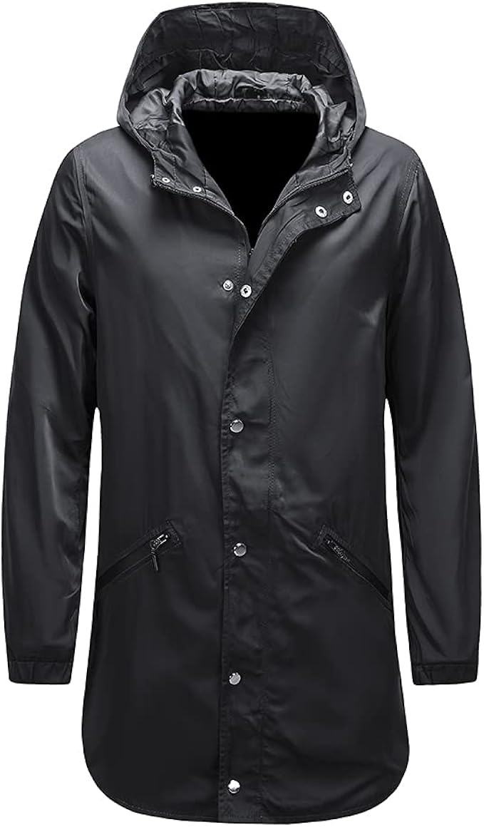 rijing 男式防雨夹克轻质防水防风风衣可收纳户外中长款雨衣