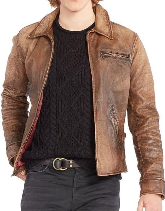 us u&amp;s crafts llc 复古做旧设计飞行员机车棕色皮夹克男士