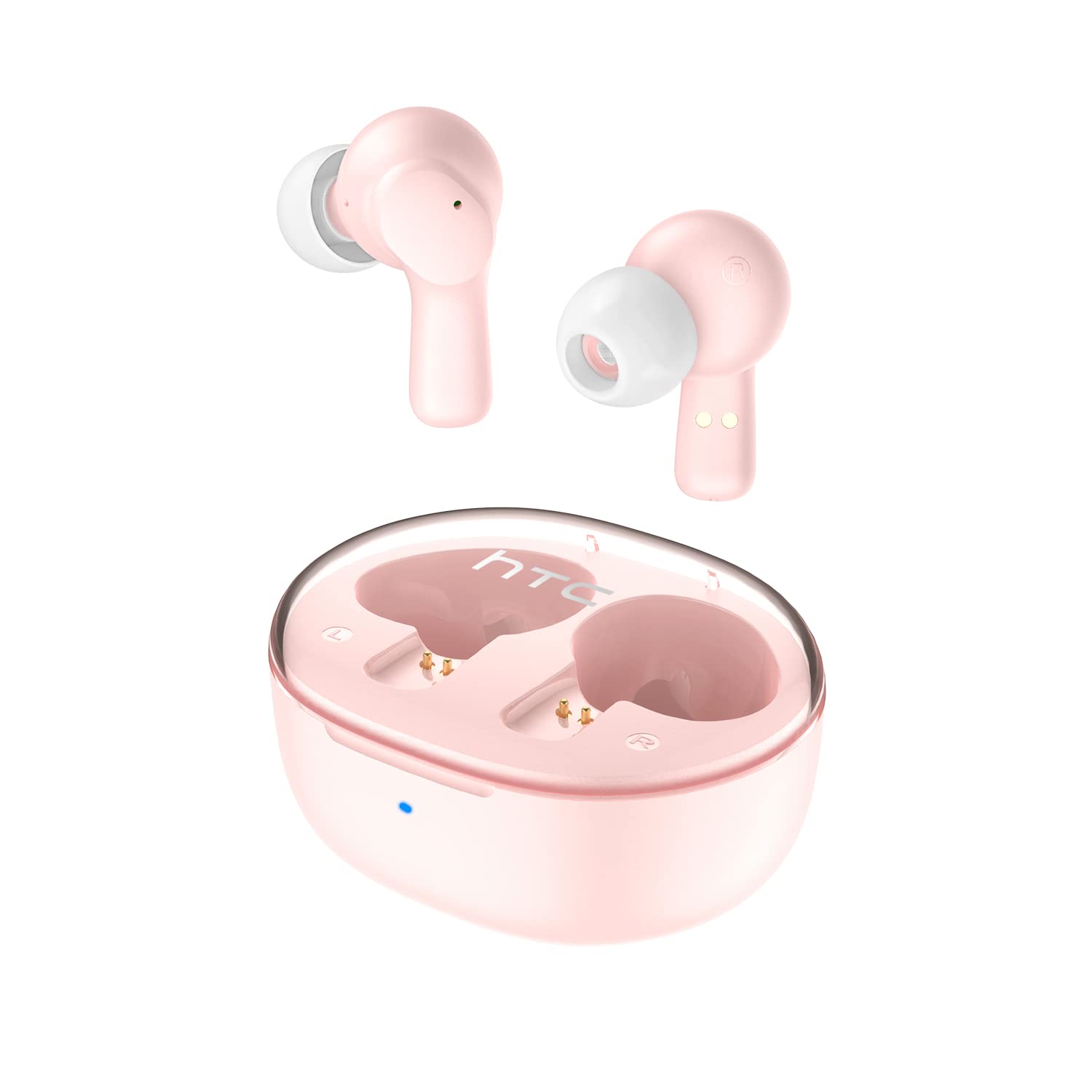 HTC 2022 True Wireless Earbuds 1 Bluetooth 5.1 headphones, in-ear headphones ENC noise cancelling with transparent charging case,32 hours playback time/built-in microphone/touch control - crystal pink
