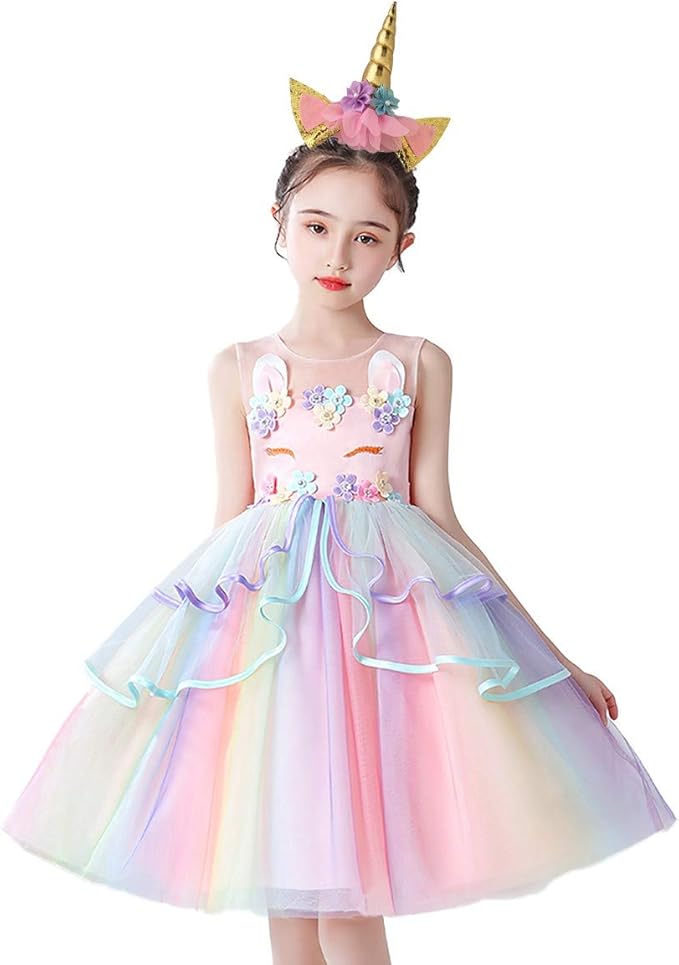 hihcbf 女孩独角兽服装盛会公主派对蓬裙彩虹薄纱生日晚礼服带头带 4