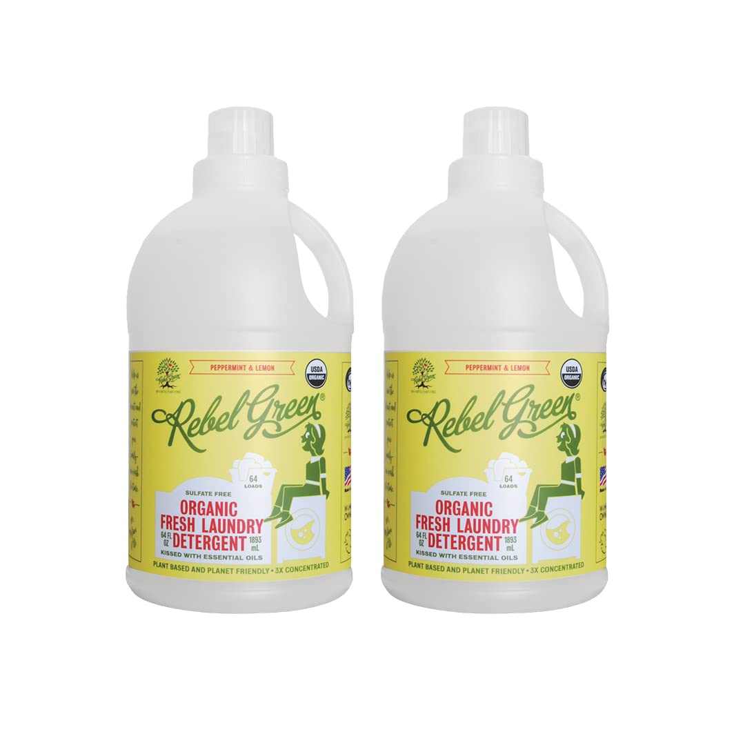 Rebel Green * Laundry Detergent - Natural Laundry Soap - Liquid Laundry Detergent with Dispenser Cup - Mild Laundry Detergent - Fresh Mint and Lemon Fragrance - (64 bottles,2 bottles)