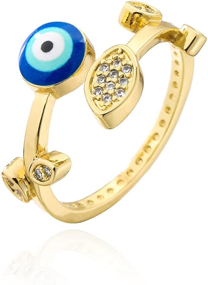 蓝色邪眼开口戒指女士女孩 18k 镀金精致方晶锆石向日葵叶宣言时尚可