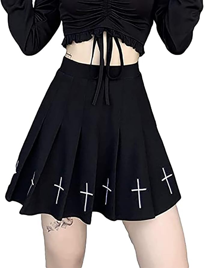 女式哥特式黑色裙带腰带朋克十字绣百褶裙高腰迷你裙