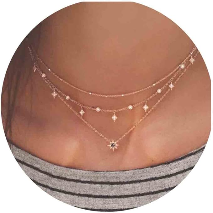 波西米亚分层星星项链颈链金色水钻北极星项链 cz 星星吊坠项链边框站