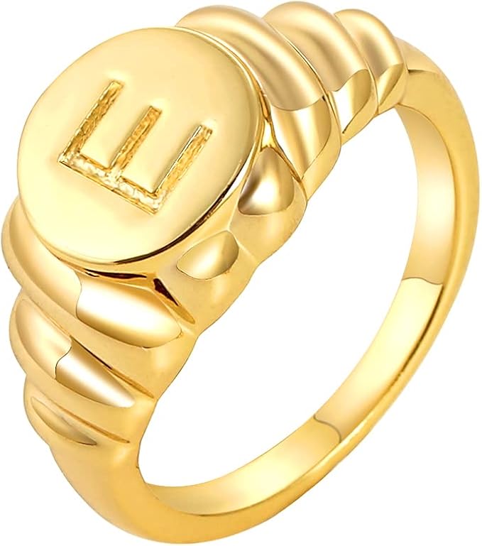 女士首字母金戒指 14k 镀金粗短 croissant 圆顶时尚图章戒指字母 a