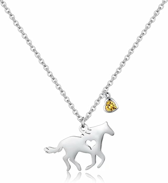 ailaaila 女孩马项链 | 女孩精致的马饰品 | 心形方晶锆石诞生石项链
