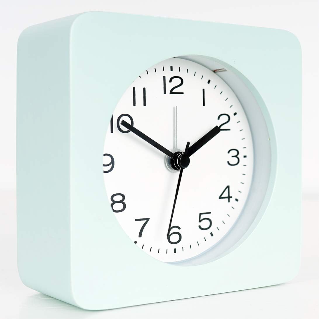 6 厘米)方形木制闹钟,带阿拉伯数字,不嘀嗒声,背光,电池供电,青色