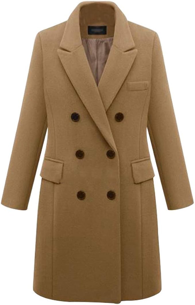 volwassan 女式双排扣羊毛大衣长款风衣夹克缺口翻领粗呢外套