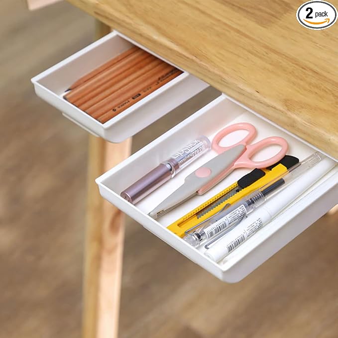 BIGEBO 2 件装台下抽屉,隐藏式自粘桌面配件和工作空间收纳盒,桌下存储托