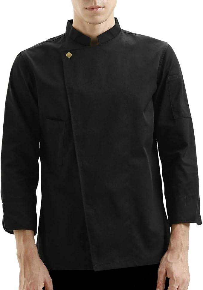 男式黑色厨师外套制服时尚单排扣长袖厨师夹克餐厅厨房工作服