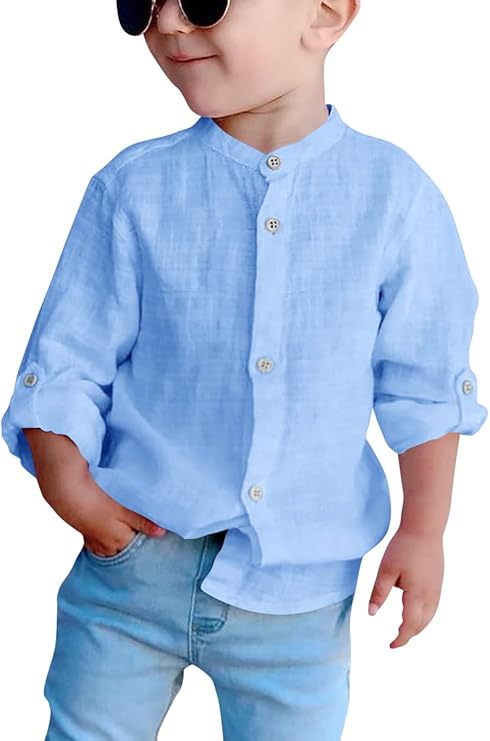 makkrom 幼儿男宝宝系扣衬衫长袖休闲亚麻纯色衬衫上衣