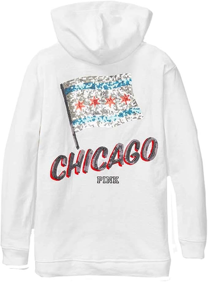 维多利亚的秘密粉色芝加哥旗帜闪亮连帽衫套头衫白色 white chicago