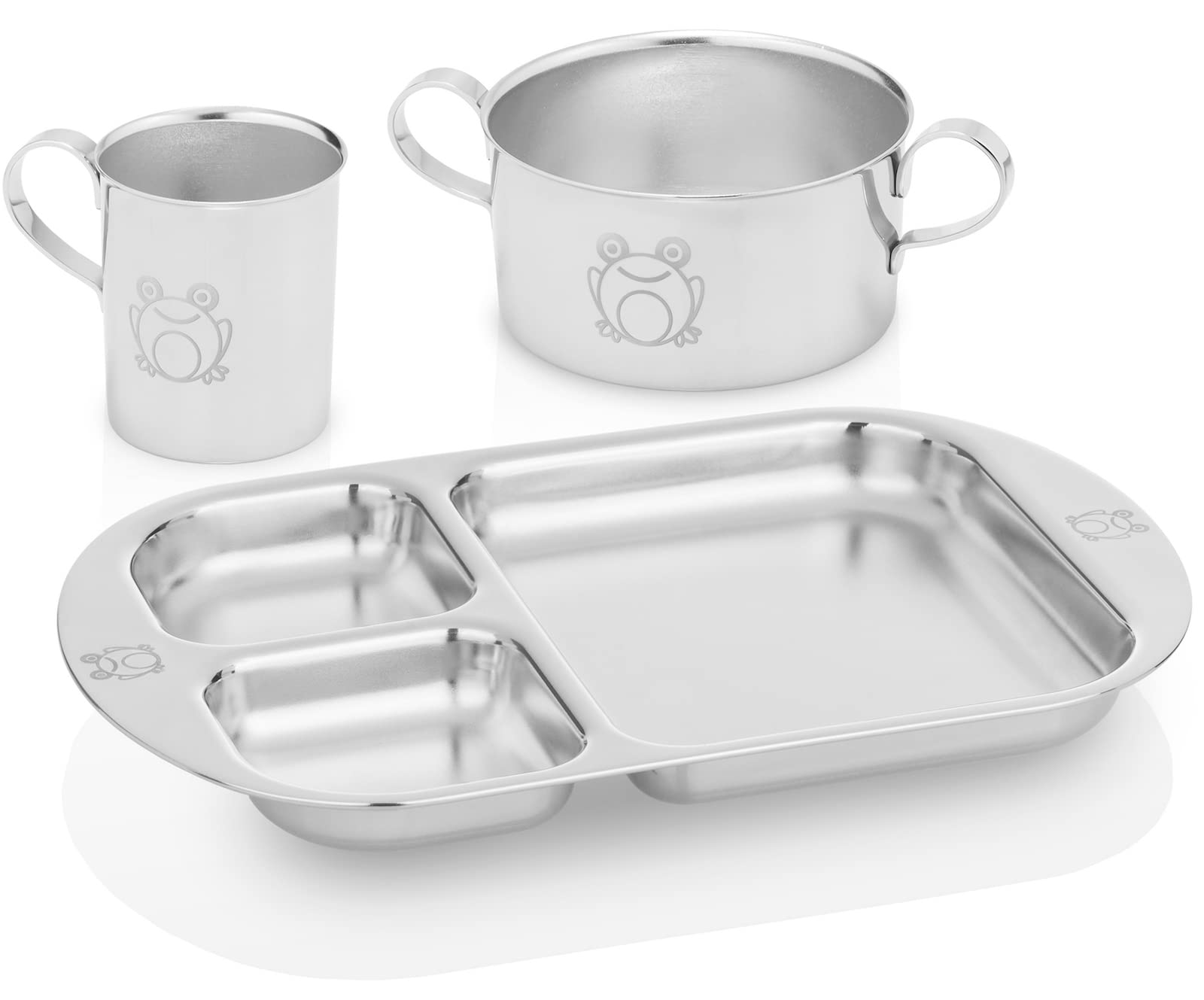 Kiddobloom children's stainless steel tableware set, frog (1 bowl, 1 cup, 1 separate plate). High grade stainless steel # 304 is an elegant gift for infants, young children, and children.