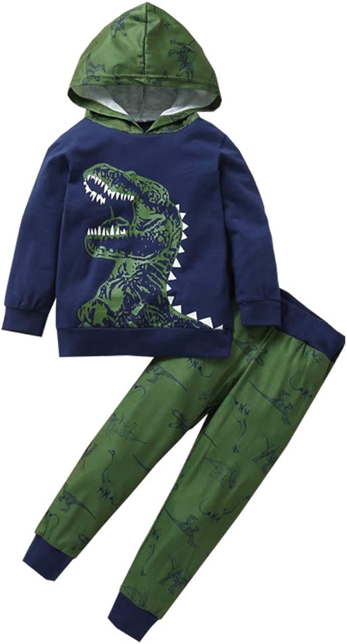 儿童男婴服装套装卡通恐龙印花连帽上衣裤子春季套装