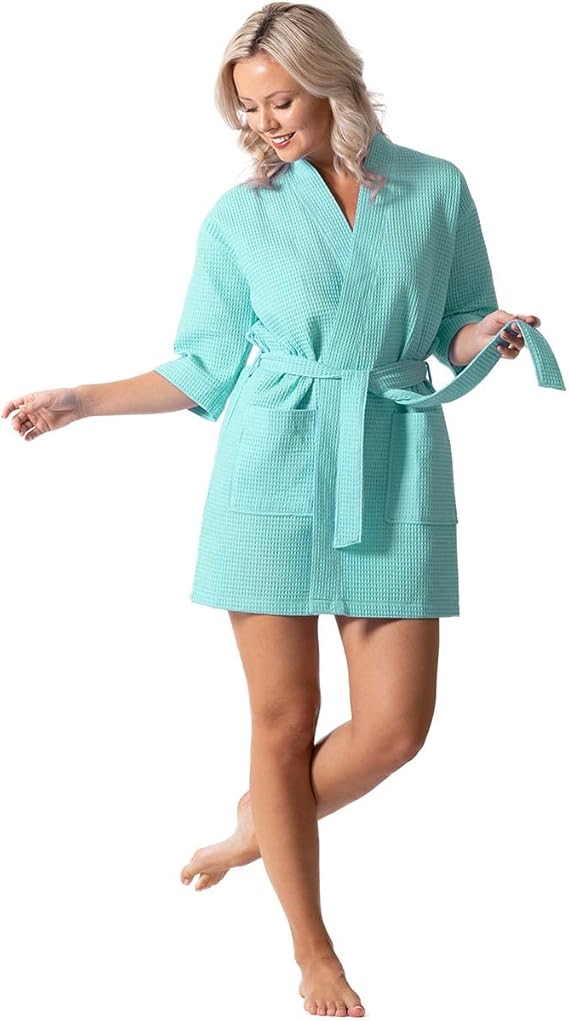 女式及膝华夫格编织和服浴袍,短款温泉浴袍