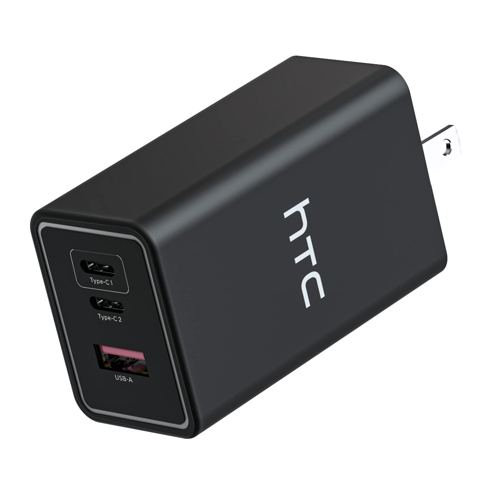 HTC 65W Fast USB-C Wall Charger,PowerIQ 3.0 and GaN 3-port foldable C-wall charging block for MacBook, USB-C laptops, iPad Pro, iPhone, Galaxy and more - black
