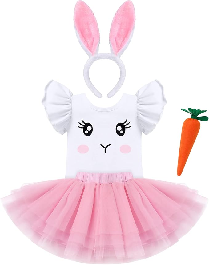 iwemek 女婴复活节服装小鸡蛋服装兔子连衫裤芭蕾舞短裙兔子头带生日
