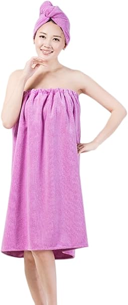 女式柔软舒适丝绒胸弹性浴巾浴巾浴巾海滩泳衣披肩浴衣绒浴袍spa 罩适合女士女孩 及膝长度 搭扣purple With Dry Hair Hat Fakeface