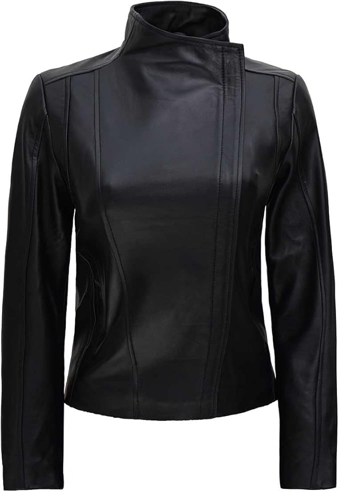 女式黑色皮夹克 - 真羊皮机车皮机车夹克