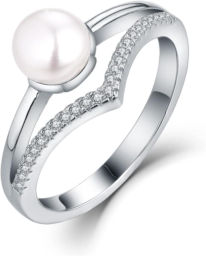 starchenie 女式珍珠戒指纯银,弧形增强型戒指,7 毫米养殖淡水珍珠