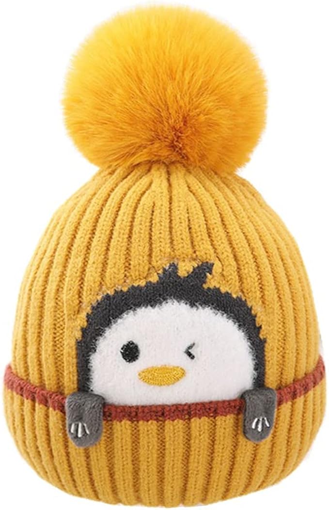 imleck 卡通企鹅儿童针织帽男孩女孩婴儿幼儿婴儿无檐*帽带绒球
