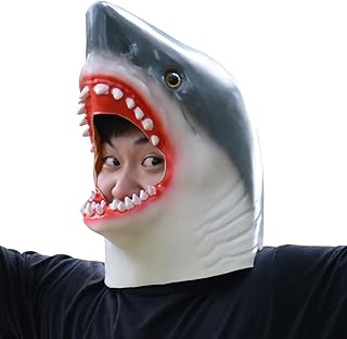 partygears 鲨鱼面具万圣节动物面具新奇鱼面具乳胶鲨鱼头服装面具
