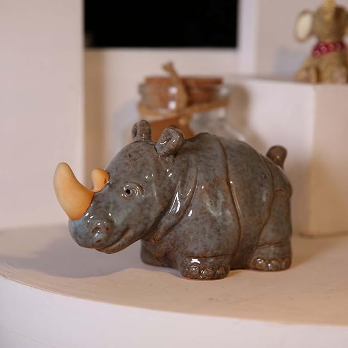 唯艺 陶瓷饰品小摆件 欧式摆设家居动物装饰工艺品 可爱犀牛 深灰色