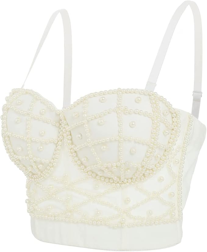 woeoe 珍珠紧身胸衣露脐上衣黑色钻石文胸夜店狂欢水钻上衣女士珠宝