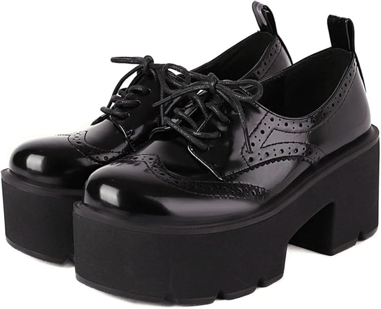 shemee 女式复古翼纹牛津鞋厚底粗跟圆头系带哥特式布洛克鞋