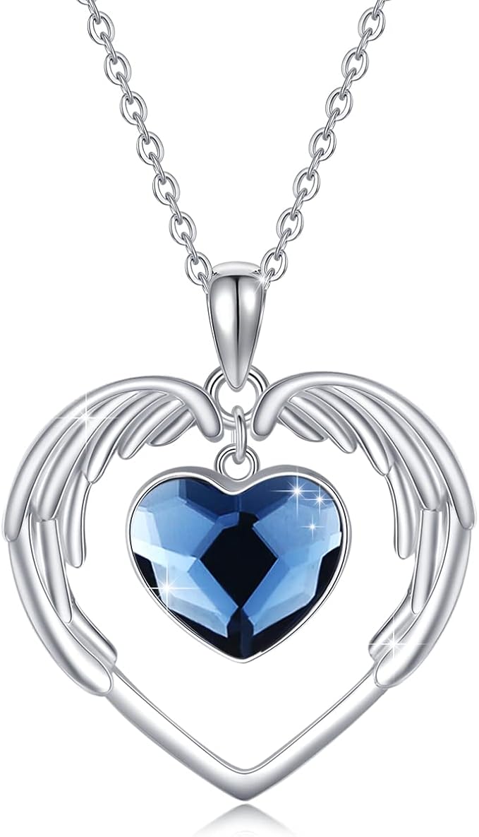 女士心形水晶项链 天使翅膀项链 925 纯银诞生石吊坠项链 周年纪念日