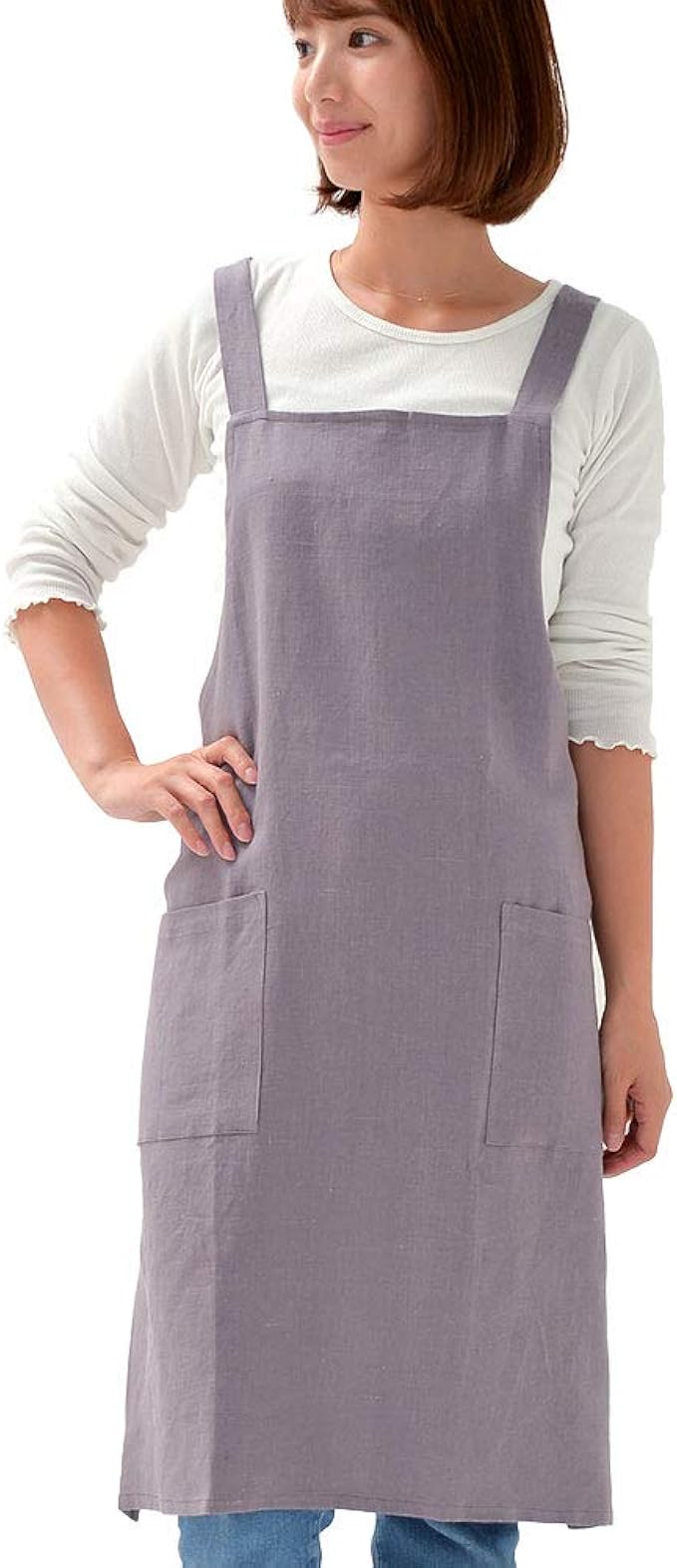 fabrizm 日本制造 厨房围裙 及膝 背面交叉 柔软亚麻 常春藤灰色 1554